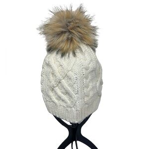 J. Crew Factory Faux Fur Pom Pom Beanie One Size Cream Cable Knit NWT